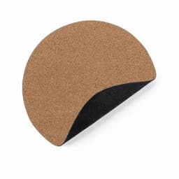 A cork mouse pad with a curved edge and a black bottom surface. It has a natural cork finish.