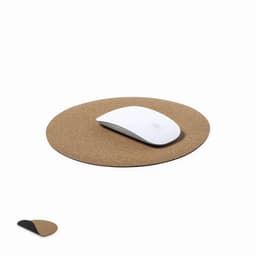 A mouse pad in a circular shape, featuring a cork surface in a tan colour and a black underside, with a white mouse on top.