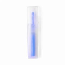 A drink bottle in a translucent light blue casing, featuring a slim design and a push-button lid.