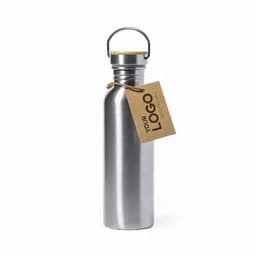 A drink bottle with a stainless steel finish and a handle, featuring a tag and a logo.