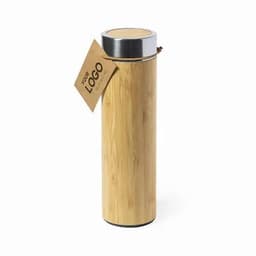 A drink bottle made of bamboo with a silver top and a tag attached, featuring a logo.