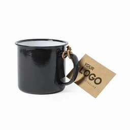 A drink bottle in black with a white interior, featuring a handle and a tag. It also has a logo on the side.