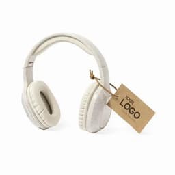 A set of white headphones with a tag. The headphones feature a curved headband and cushioned ear pads.