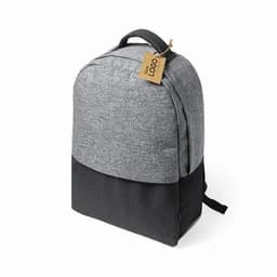 A backpack with a grey fabric top and black base, featuring a tag and a logo.