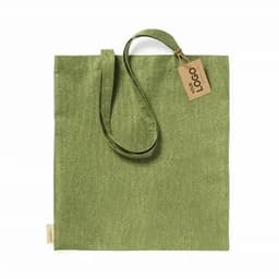A green tote bag with a textured finish and a logo tag attached to the handle.