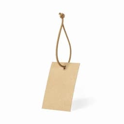 A gift tag in a natural brown colour, hanging from a knotted string. No branding visible.