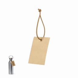 A drink bottle in stainless steel with a hanging tag, featuring a logo, on a plain background.