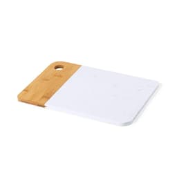 A chopping board featuring a bamboo handle and a white marble surface, with a hole for hanging.