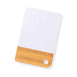 A flat, rectangular palette with a white surface and a bamboo bottom section, featuring a hole for hanging.