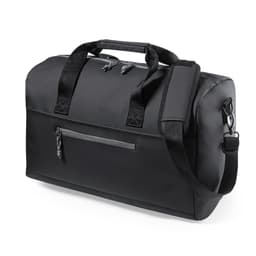 A black duffel bag with dual handles, a shoulder strap, and a front zippered pocket.