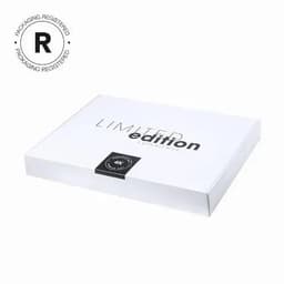 A white box featuring a minimalist design with the words "LIMITED edition" prominently displayed. It has a logo.