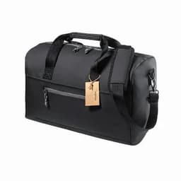 A black duffle bag with a shoulder strap, featuring a zippered main compartment and a front pocket, along with a logo.