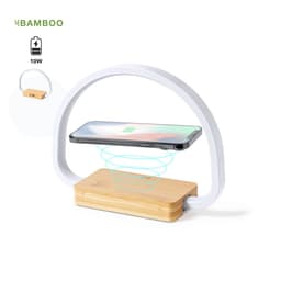 A wireless phone charger with a white arch design and a bamboo base, supporting vertical phone placement.