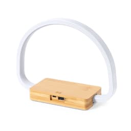 A desk lamp with a bamboo base and a white arch-shaped light. Features USB ports on the base.
