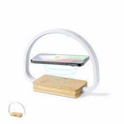 A phone holder with a white arch and a bamboo base, featuring a space for a phone to rest.