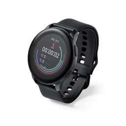 A black fitness watch displaying metrics such as time, heart rate, and activity tracking on a round face.