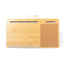 A bamboo lap desk featuring a cork section and metal holder, perfect for writing or using a laptop.