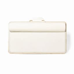 A clutch bag in a sleek white design with a textured finish and a clasp closure. Features a subtle logo.