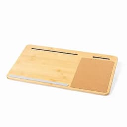 A bamboo desk mat with a cork section and silver accents, featuring groove slots for organisation.