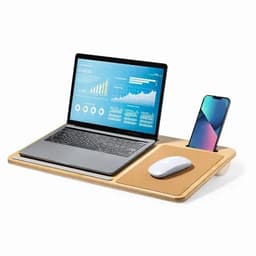 A wooden laptop desk featuring a silver laptop, white mouse, and space for a smartphone, with a sleek design.