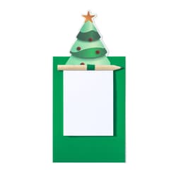 A notepad featuring a Christmas tree design at the top, with a green backing and a wooden pencil.
