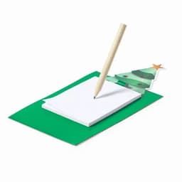 A green notepad shaped like a Christmas tree, with a wooden pencil resting on top.
