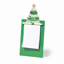 A notepad holder shaped like a Christmas tree, featuring a green base and a star on top, with a white notepad.