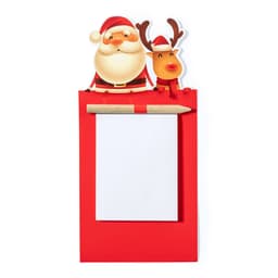 A red notepad featuring a Santa Claus and a reindeer at the top, with a wooden pencil and blank paper.