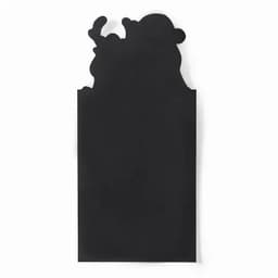 A black promotional product with a silhouette of a character at the top and a rectangular shape below.