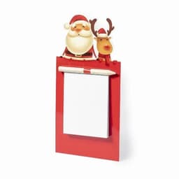 A festive notepad holder featuring Santa and a reindeer, with a white notepad and a pencil, set against a red background.