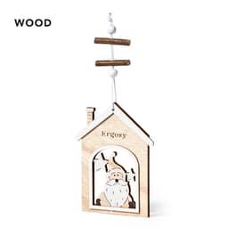 A wooden decoration in the shape of a house featuring a Santa figure and a hanging mechanism. It has a natural wood finish.
