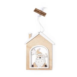 A wooden Christmas decoration featuring a Santa figure inside a house design, with stars and a chimney detail.