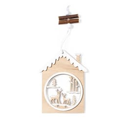 A decorative wooden ornament shaped like a house, featuring deer and trees, with a twine hanger and wooden accents.
