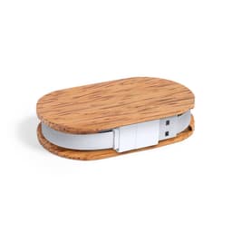 A USB drive with a wooden exterior and a white body, featuring an oval design.