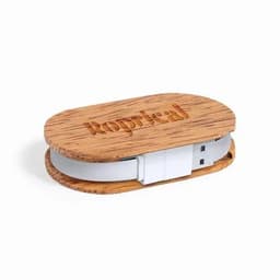 A wooden USB holder featuring a smooth white USB connector. It has branding engraved on the top.