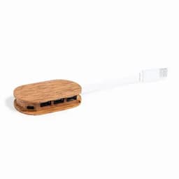 A USB hub with a wooden finish, featuring three USB ports and a connecting cable.