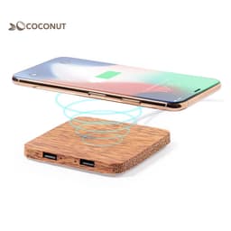 A wireless charger with a wooden base and a phone hovering above it, featuring a logo in the corner.
