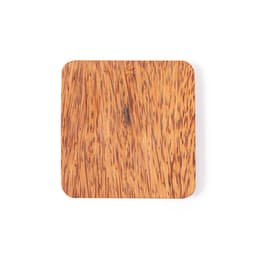 A wooden square coaster with a rich, textured surface featuring natural patterns and tones of brown.