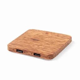 A wooden charging pad with a square shape, featuring two USB ports on one side.