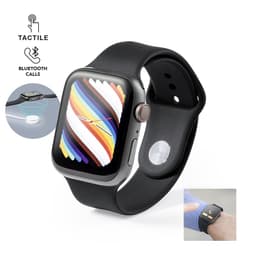 A smartwatch with a colourful screen and a black strap, featuring a logo and tactile design elements.