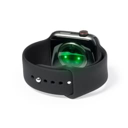 A smartwatch with a black strap, featuring a green sensor on its underside. It has a sleek, modern design.
