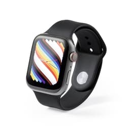 A smartwatch with a rectangular face, featuring a vibrant multi-coloured display and a black strap. It has a logo on the side.