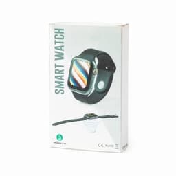 A smart watch packaged in a box, featuring a black strap and touchscreen display with a colourful interface.