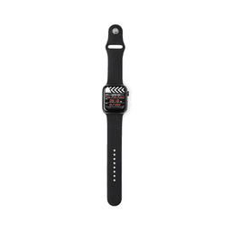 A smartwatch with a black strap and a square face displaying digital features and a logo on the front.