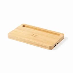 A wooden charging pad in a sleek rectangular shape, featuring a groove and a branding logo.