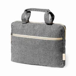 A grey fabric laptop bag with a zip closure and short handles, featuring a front pocket.
