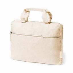 A cream-coloured laptop bag with two handles and a zippered front pocket. It has a simple, minimal design.