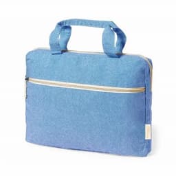 A blue laptop bag with handles and a zippered compartment, featuring a front pocket.