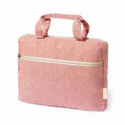 A pink, textured laptop bag with a top handle and front zip pocket. It features a simple, minimalist design.