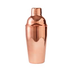 A drink bottle in a sleek, shiny copper finish with a tapered top and a logo.